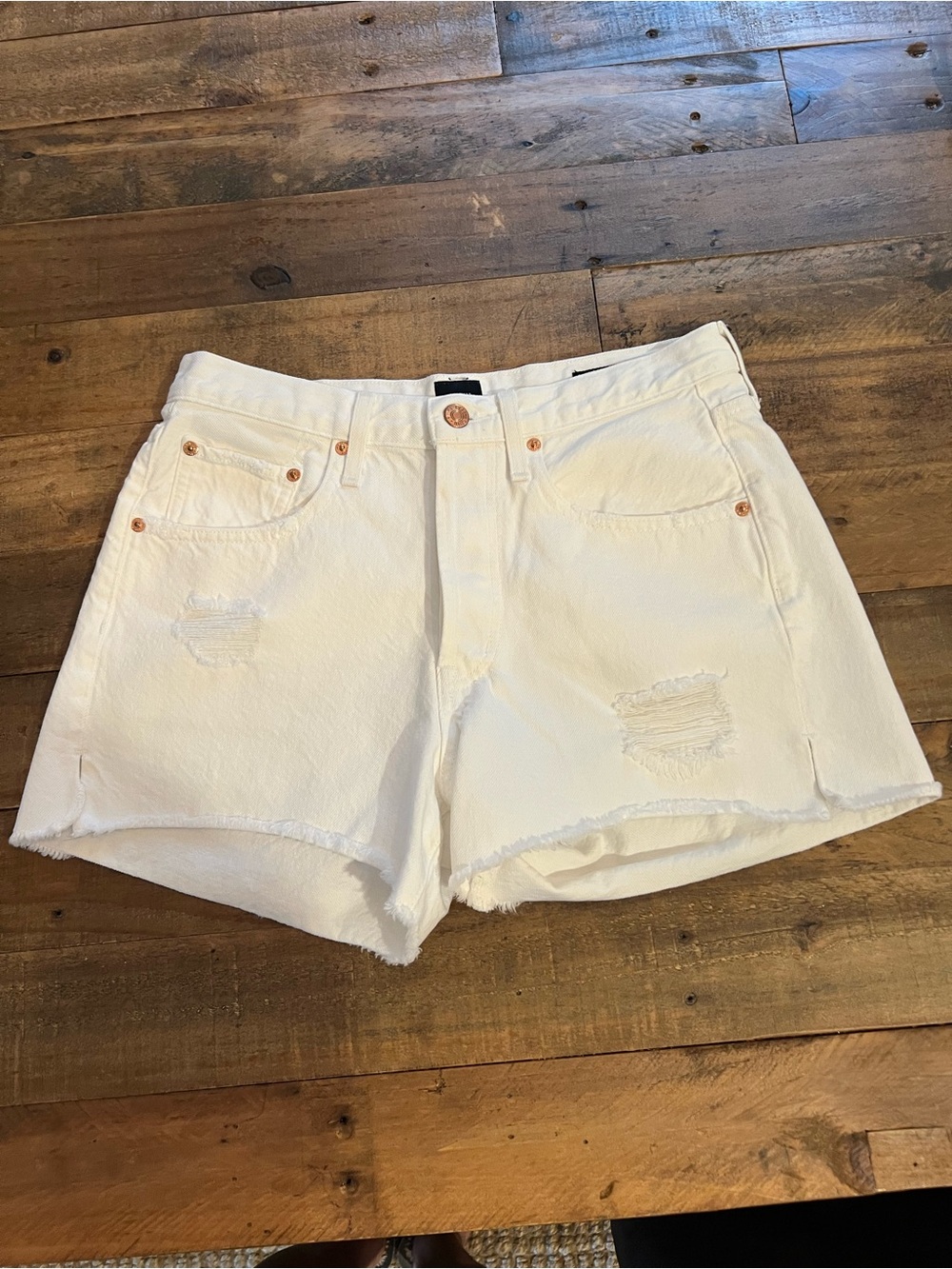 Edwin White High-Rise Distressed Jean Shorts
